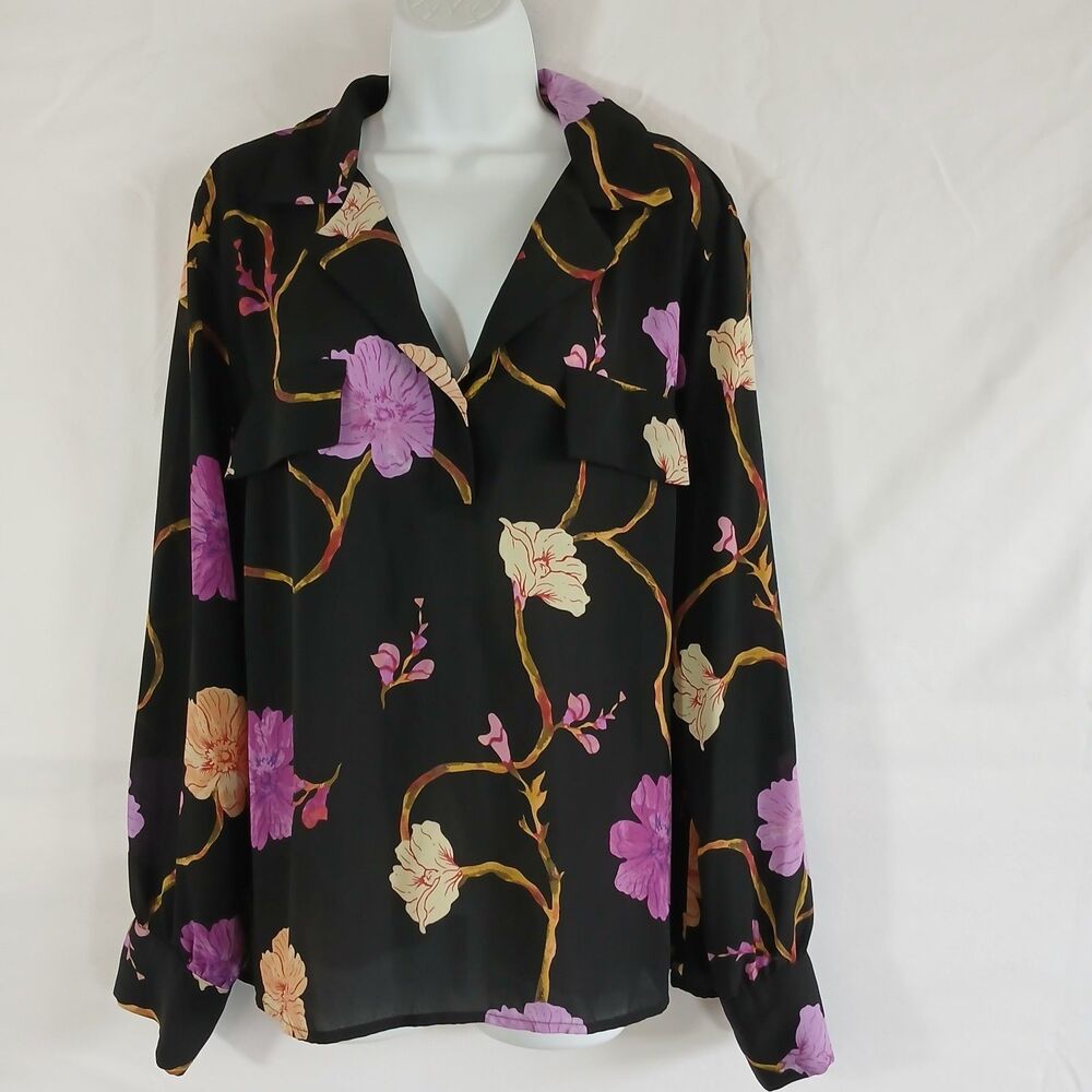 inc international concepts top Black Floral V Neck Sz XL Casual Chic Office Wear